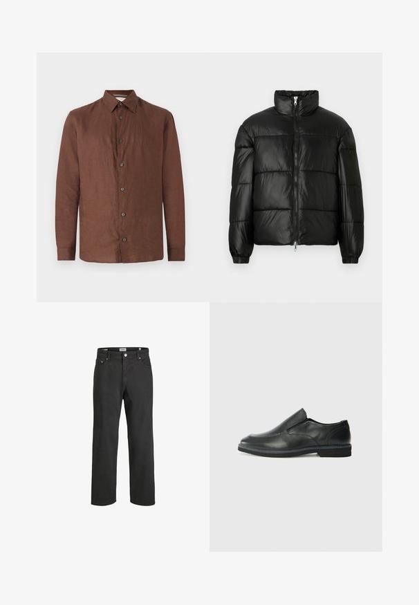 Czarna kurtka puchowa z wysokim kołnierzem, zapięciem na zamek błyskawiczny z przodu, pikowanym wzorem, elastycznymi mankietami oraz błyszczącym, gładkim wykończeniem materiału.; Brązowa lniana koszula z długim rękawem, zapinana na guziki, z rozpostartym kołnierzykiem i czarnymi guzikami. Gładka tekstura z lekko pomarszczonym wyglądem.; Czarne dżinsy o prostym kroju, wykonane z bawełny, z klasycznym pięciopocketowym designem, zapięciem na guzik oraz subtelnymi detalami w szwie.; Czarne skórzane buty wsuwane z gładką cholewką, przeszyciami, okrągłym noskiem i niskim gumowym obcasem. Podeszwa ma minimalny bieżnik.