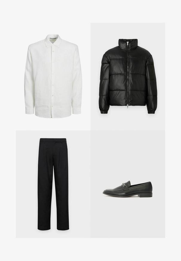 Juodas pūkinis švarkas su aukštu apykakle, užtrauktuko priekyje, siuvinėtu dizainu, elastingais rankogaliais ir blizgia, lygiąja audinio apdaila.; Balta ilga rankovė palaidinė, pagaminta iš lino, su mygtukais kantų priekyje, klasikine apykakle ir subtilia tekstūra. Rankovės baigiasi ties riešu su mygtukais.; Juodi kelnių modeliai, pagaminti iš lygios medžiagos, turi tiesią kojas, du priekiniai klostės ir standartinę juosmenį su diržo kilpomis.; Juodos odinės loafer tipo bateliai su lygiu paviršiumi, turintys siuvinėtą dizainą ir dekoratyvų metalo grandinėlės akcentą ant batų viršaus. Plokščias kulnas.