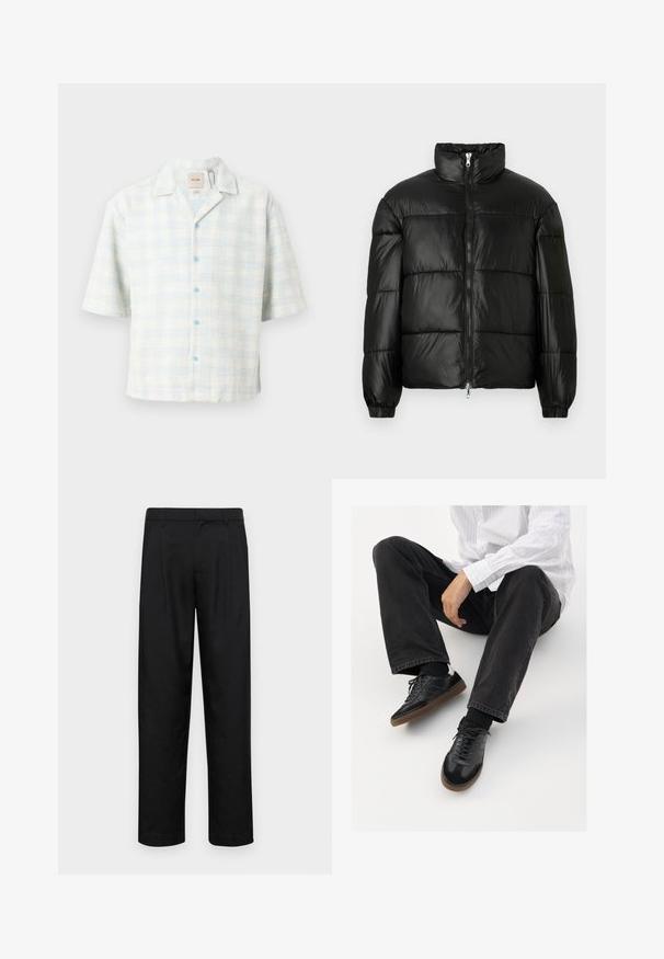 Zwarte pufferjack met een hoge kraag, ritsvoorzijde, gestikt ontwerp, elastische manchetten en een glanzende, gladde stofafwerking.; Korte mouwen overhemd in een lichtblauw-witte ruitpatroon, gemaakt van textuurstof met blauwe knopen en een kraag.; Zwarte broeken van gladde stof, met een recht model, twee voorknikken en een standaard tailleband met riemlussen.; Zwarte sneakers met een glad en textuur detail, voorzien van een rubberen zool en donkere veters. Gecombineerd met zwarte jeans en een wit gestreept shirt.