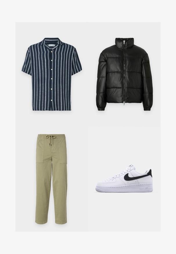 Zwarte pufferjack met een hoge kraag, ritsvoorzijde, gestikt ontwerp, elastische manchetten en een glanzende, gladde stofafwerking.; Korte mouwen overhemd met knopen in marineblauw met lichtblauwe strepen. Voorzien van een klassieke kraag en vijf knopen aan de voorkant. Gemaakt van lichte stof.; Licht olijfgroene broek van een katoenmix, met een elastische tailleband met trekkoord en twee grote zijzakken.; Witte leren sneaker met een gestructureerde zwarte Swoosh, platte veters en een rubberen zool met een geribbeld patroon. "AIR" is in de hak geperst.
