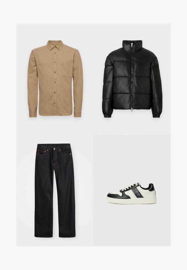 Juodas pūkinis švarkas su aukštu apykakle, užtrauktuko priekyje, siuvinėtu dizainu, elastingais rankogaliais ir blizgia, lygiąja audinio apdaila.; Only & Sons ONSGUDMUND SOLID - Marškiniai - chinchilla; Vyrų tiesaus kirpimo juodi džinsai iš denim medžiagos, su penkiomis kišenėmis ir oranžinėmis siūlėmis, su mygtuko ir užtrauktuko uždarymu ant priekio.; Odiniai sportbačiai juodos ir kreminės spalvų schemoje, su perforuotais akcentais, paminkštinta apykakle ir tekstūruotu padu.