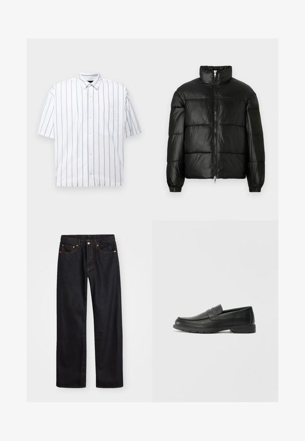 Schwarze Daunenjacke mit hohem Kragen, Reißverschluss vorne, gestepptem Design, elastischen Bündchen und glänzendem, glattem Stofffinish.; Kurzarm-Hemd mit Knopfleiste in Weiß mit dünnen vertikalen grauen Streifen. Verfügt über eine Brusttasche und einen klassischen Kragen. Aus glattem Baumwollmaterial.; Herren gerade geschnittene schwarze Jeans aus Denim mit fünf Taschen und orangefarbenen Nähten, Knopf- und Reißverschluss vorne am Bund.; Schwarze Lederloafers mit glatter Oberfläche, Mokassin-oberteil, genähten Details und Gummisohle. Klassisches Design mit niedrigem Absatz.