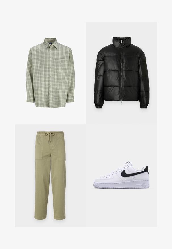 Black puffer jacket with a high collar, zip front closure, quilted design, elastic cuffs, and shiny, smooth fabric finish.; Green and white checkered button-up shirt with long sleeves, front pocket, and soft fabric texture. Classic collar and button closure.; Light olive green pants made of cotton blend fabric, featuring an elastic waistband with drawstring, and two large side pockets.; White leather sneaker with a textured black Swoosh, flat laces, and a rubber sole featuring a ridged pattern. "AIR" is embossed on the heel.