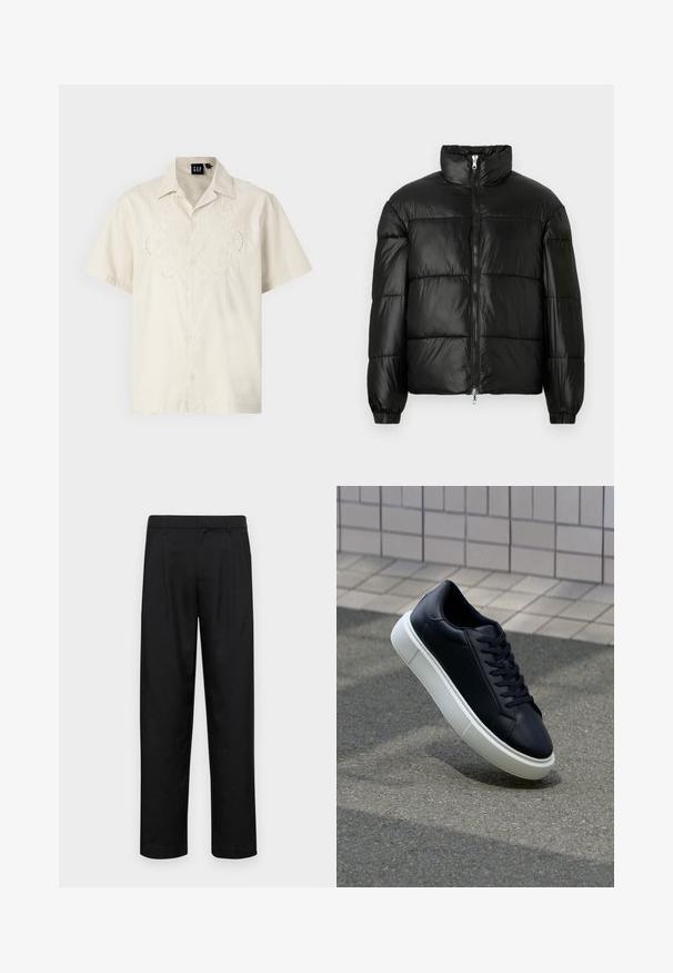 Giacca a vento nera con colletto alto, chiusura frontale con zip, design trapuntato, polsini elasticizzati e finitura in tessuto lucido e liscio.; Camicia a maniche corte color crema con motivo floreale ricamato e chiusura con bottoni. Fit leggermente rilassato, realizzata in morbido tessuto di cotone.; Pantaloni neri realizzati in tessuto liscio, caratterizzati da un taglio dritto, due pieghe frontali e una vita standard con passanti per la cintura.; Sneaker in pelle nera con punta arrotondata e suola in gomma bianca. Presenta lacci piatti e cuciture minime sulla parte superiore. Suola testurizzata per una migliore aderenza.