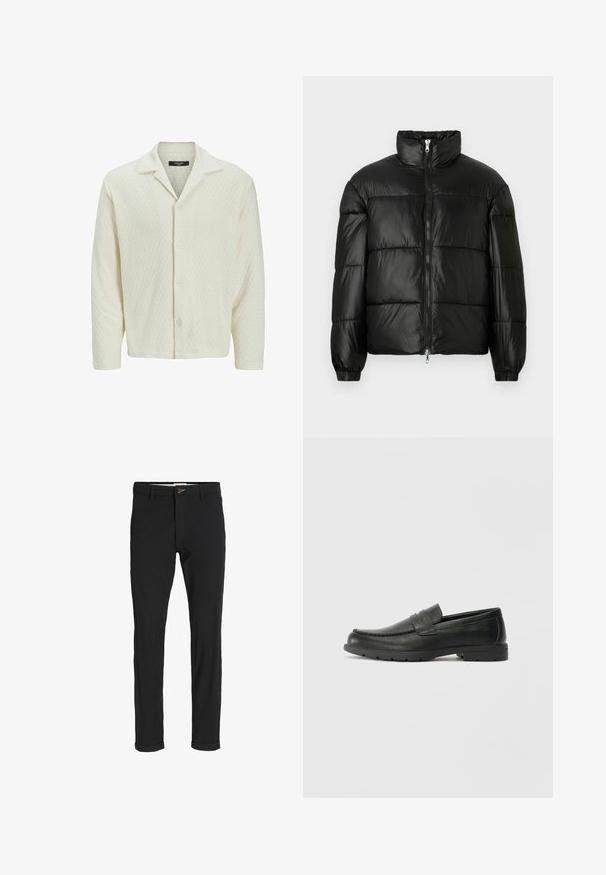 Schwarze Daunenjacke mit hohem Kragen, Reißverschluss vorne, gestepptem Design, elastischen Bündchen und glänzendem, glattem Stofffinish.; Helle cremefarbene Button-up-Hemd aus strukturiertem Stoff mit einem Rautenmuster, ausgestattet mit einem Kentkragen und langen Ärmeln.; Schwarze Baumwollmischungshose mit schmalem Schnitt, gekennzeichnet durch einen Knopfverschluss, Taschen und umgeschlagenen Säumen für einen lässigen Abschluss.; Schwarze Lederloafers mit glatter Oberfläche, Mokassin-oberteil, genähten Details und Gummisohle. Klassisches Design mit niedrigem Absatz.