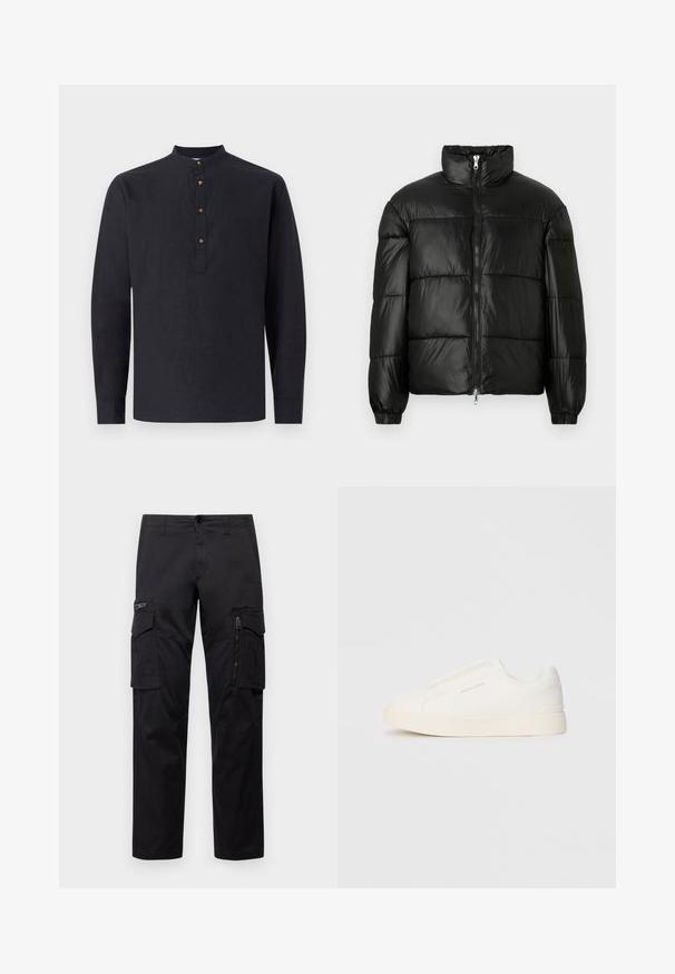 Zwarte pufferjack met een hoge kraag, ritsvoorzijde, gestikt ontwerp, elastische manchetten en een glanzende, gladde stofafwerking.; Zwarte lange mouwen shirt van lichtgewicht stof, met een staande kraag en vier bruine knopen bij de hals.; Zwarte cargobroek met meerdere zakken, een ritszak op de dij, rechte pasvorm en stevige katoen met een subtiele glans.; Witte instap sneakers met een gestructureerd oppervlak, een dikke zool en een minimalistisch ontwerp. Bevat het merklogo aan de zijkant.
