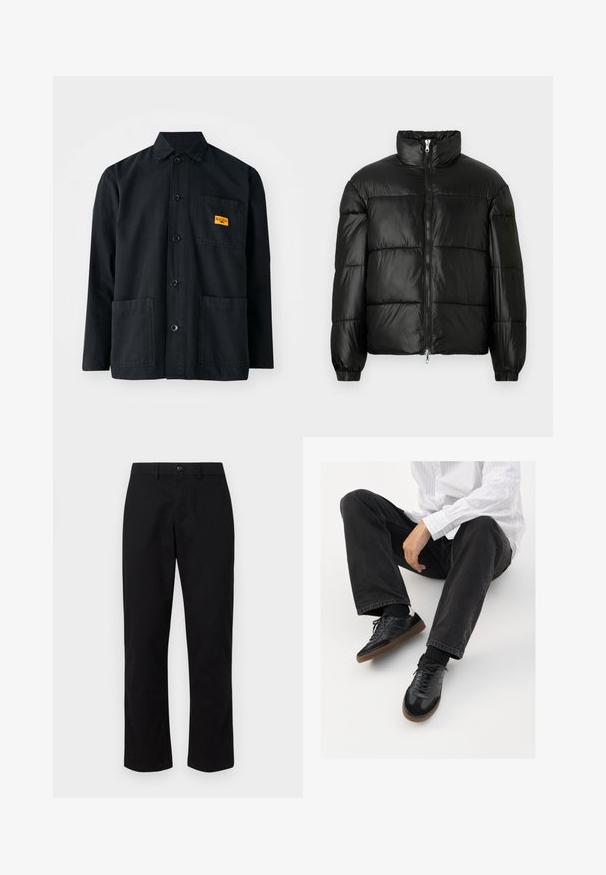 Crna puffer jakna s visokim ovratnikom, zatvaranjem na zip, quilted dizajnom, elastičnim manžetama i sjajnim, glatkim materijalom.; Crna pamučna radna jakna s dugmadi sprijeda, dva prednja džepa i malom žutom etiketom na džepu. Jednostavan, utilitaran dizajn.; GAP SLIM PERFORMANCE STRETCH - Chino hlače - true black; Crne tenisice s glatkim i teksturiranim gornjim dijelom, koje imaju gumeni potplat i tamne vezice. Uparene s crnim trapericama i bijelom košuljom s prugama.