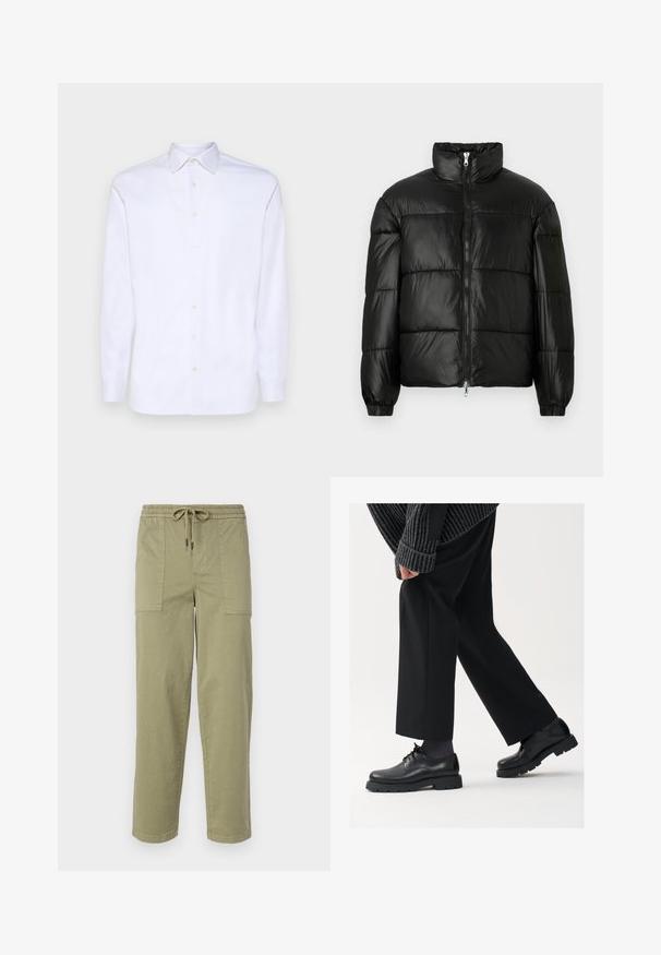 Fekete puffernadrág magas gallérral, cipzáras elülső záródással, steppelt kialakítással, elasztikus mandzsettákkal és fényes, sima szövetfelülettel.; Fehér, hosszú ujjú, gombos ing, sima pamutból, hegyes gallérral és hat elülső gombbal, standard mandzsettákkal.; Világos olíva zöld színű, pamut keverékből készült nadrág, rugalmas derékrésszel és zsinórral, valamint két nagy oldalzsebbel.; Fekete bőr cipők kerek orral, fűzős kialakítással és vastag, texturált talppal. Öltönyös fekete nadrággal és bordázott pulóverrel viselve.