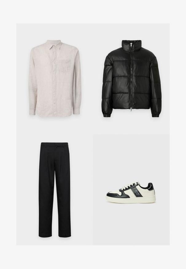 Crna puffer jakna s visokim ovratnikom, zatvaranjem na zip, quilted dizajnom, elastičnim manžetama i sjajnim, glatkim materijalom.; GAP STANDARD - Majica - tonal khaki; Crne hlače od glatkog materijala, s dizajnom ravnih nogavica, dva prednja nabora i standardnim pojasom s petljama za remen.; Kožne tenisice s crno-bijelom paletom boja, koje imaju perforirane akcentne detalje, podstavljeni ovratnik i teksturiranu potplat.