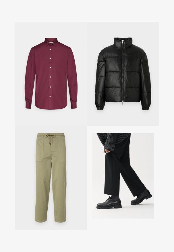 Schwarze Daunenjacke mit hohem Kragen, Reißverschluss vorne, gestepptem Design, elastischen Bündchen und glänzendem, glattem Stofffinish.; Burgunderfarbenes langärmliges Hemd aus Baumwolle mit klassischem Kragen, weißen Knöpfen und abgerundetem Saum. Glatte Textur, taillierte Passform.; Helle olivgrüne Hose aus Baumwollmischgewebe, mit einem elastischen Bund und Kordelzug sowie zwei großen Seitentaschen.; Schwarze Lederschuhe mit einer runden Spitze, Schnürdesign und dicker, strukturierter Sohle. Getragen mit maßgeschneiderten schwarzen Hosen und einem gerippten Pullover.