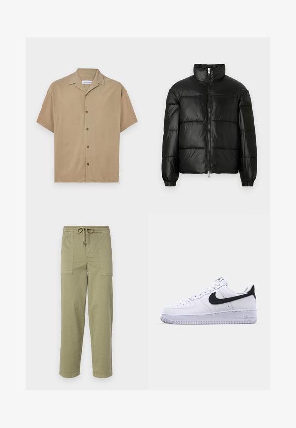Schwarze Daunenjacke mit hohem Kragen, Reißverschluss vorne, gestepptem Design, elastischen Bündchen und glänzendem, glattem Stofffinish.; Kurzarmhemd aus leicht braunem Stoff, mit Kragen, Knopfverschluss und einer glatten Textur. Einfaches Design ohne Muster.; Helle olivgrüne Hose aus Baumwollmischgewebe, mit einem elastischen Bund und Kordelzug sowie zwei großen Seitentaschen.; Weißes Leder-Sneaker mit einem strukturierten schwarzen Swoosh, flachen Schnürsenkeln und einer Gummisohle mit genoppetem Muster. "AIR" ist auf der Ferse eingeprägt.
