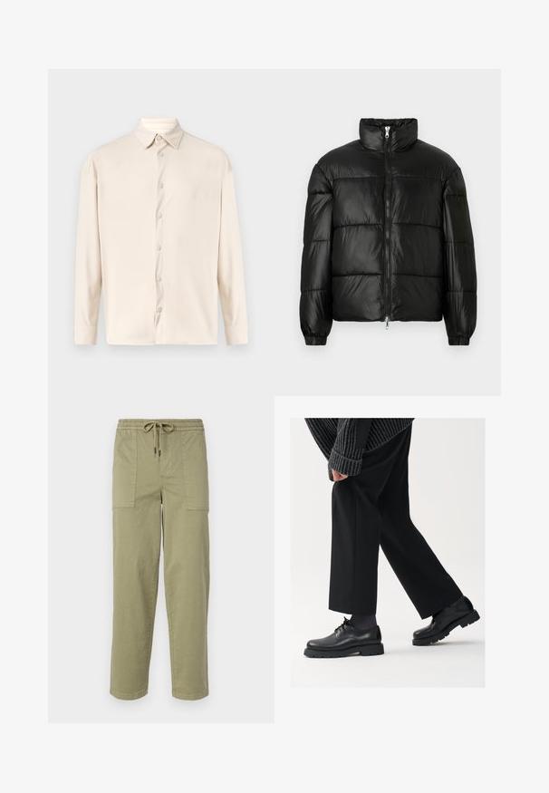 Black puffer jacket with a high collar, zip front closure, quilted design, elastic cuffs, and shiny, smooth fabric finish.; Long-sleeve shirt in light beige, featuring vertical ribbed texture, classic collar, and front button closure with matching buttons.; Light olive green pants made of cotton blend fabric, featuring an elastic waistband with drawstring, and two large side pockets.; Black leather shoes with a rounded toe, lace-up design, and thick, textured sole. Worn with tailored black trousers and a ribbed sweater.