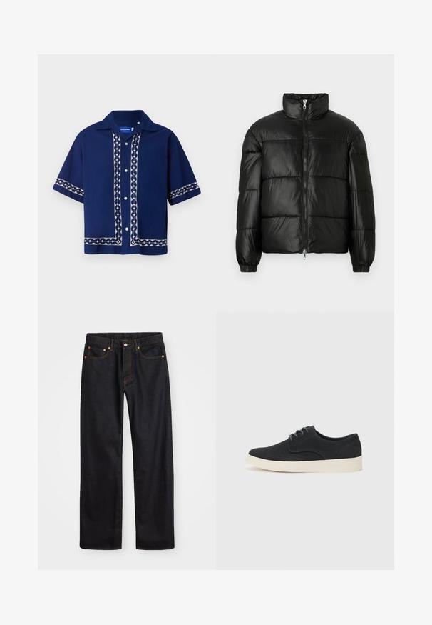 Czarna kurtka puchowa z wysokim kołnierzem, zapięciem na zamek błyskawiczny z przodu, pikowanym wzorem, elastycznymi mankietami oraz błyszczącym, gładkim wykończeniem materiału.; Granatowa koszula krótkozasięgowa z białymi haftami na przodzie, kołnierzu i rękawach. Zapięcie na guziki w luźnym kroju.; Męskie jeansy w prostym kroju, czarne, z pięcioma kieszeniami oraz pomarańczowymi strefami, z zapięciem na guzik i zamek z przodu w pasie.; Czarne zamszowe buty sznurowane z okrągłym noskiem, lekką kremową podeszwą i delikatnymi niebieskimi akcentami na cholewce.