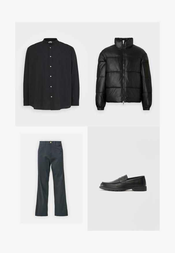 Juodas pūkinis švarkas su aukštu apykakle, užtrauktuko priekyje, siuvinėtu dizainu, elastingais rankogaliais ir blizgia, lygiąja audinio apdaila.; Juoda ilgomis rankovėmis marškiniai su muzikos grupės apykakle ir sagomis. Pagaminti iš lengvos medžiagos, turi laisvą siluetą ir subtilią tekstūrą.; Juodos kelnės su tiesiu kirpimu, pagamintos iš medvilnės mišinio. Turi metalinį mygtuką ir šonines kišenes. Be matomų raštų.; Juodai odiniai loaferiai su sklandžiu paviršiumi, mokasino stiliaus viršus, siuvinėjimu ir guminėmis padangomis. Klasikinis dizainas su žemu kulnu.