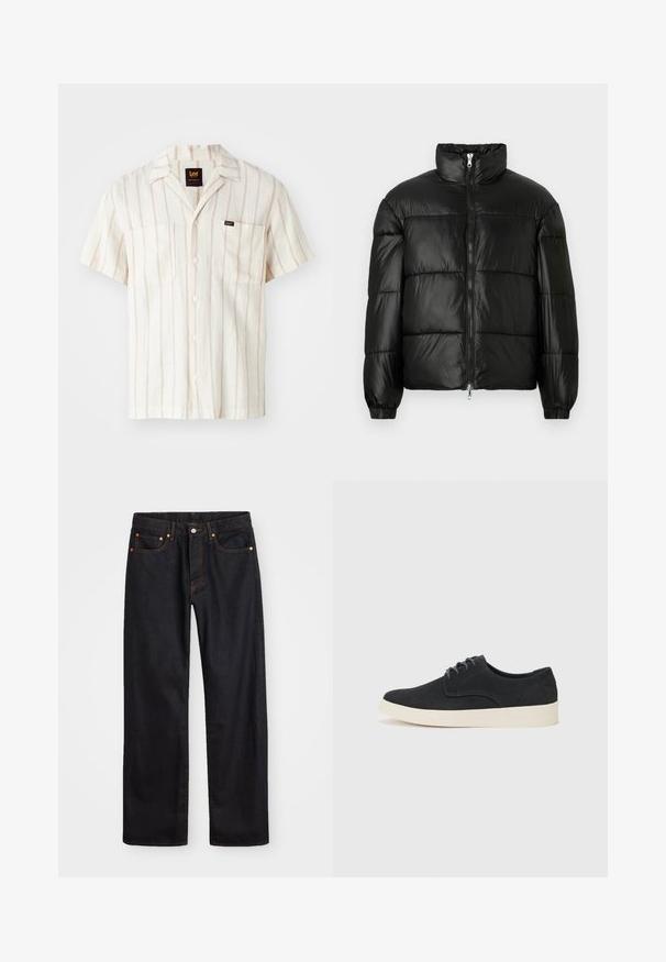 Fekete puffernadrág magas gallérral, cipzáras elülső záródással, steppelt kialakítással, elasztikus mandzsettákkal és fényes, sima szövetfelülettel.; Rövid ujjú, krém színű ing, diszkrét rózsaszín csíkkal. Gallérral, két elülső zsebbel és logós címkével a bal zsebén.; Férfi egyenes szabású fekete farmernadrág öt zsebbel és narancssárga varrással, gombos és cipzáros záródással elöl.; Fekete velúr fűzős cipő lekerekített orral, könnyű krém színű talppal és finom kék varrásokkal a felsőrészen.