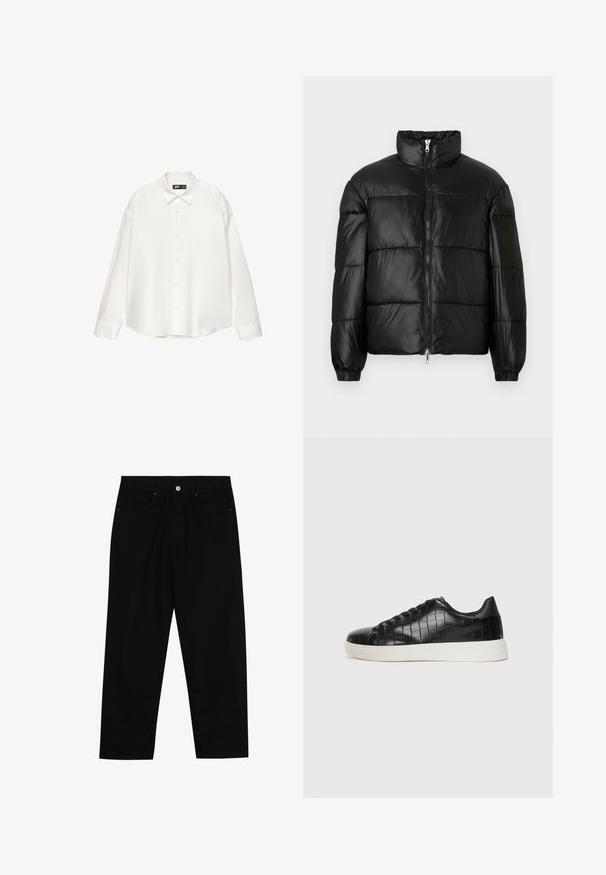 Černá péřová bunda s vysokým límcem, zapínáním na zip, prošívaným designem, elastickými manžetami a lesklým, hladkým povrchem.; Bílá košile na knoflíky vyrobená z hladkého materiálu, s špičatým límcem, dlouhými rukávy a uvolněným, boxy střihem.; Černé džíny s rovně střiženými nohavicemi, designem pěti kapes a předním zapínáním na knoflík. Hladký povrch s minimem švových detailů.; Černé tenisky s texturovaným vrškem z kůže s embosovaným hadím vzorem, kulatou špičkou a kontrastní bílou gumovou podrážkou s hladkým povrchem.