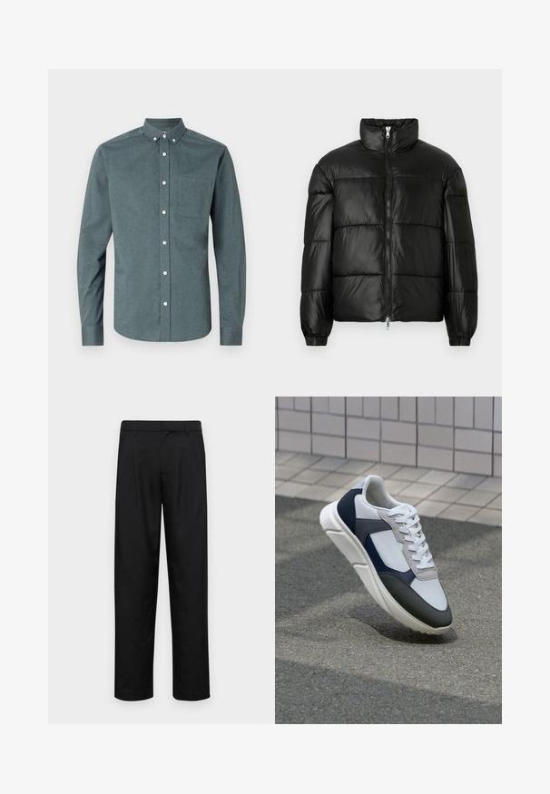 Black puffer jacket with a high collar, zip front closure, quilted design, elastic cuffs, and shiny, smooth fabric finish.; Button-up shirt in dark teal, long sleeves, button-down collar, single chest pocket, featuring white buttons and a textured fabric.; Black trousers made of smooth fabric, featuring a straight-leg design, two front pleats, and standard waistband with belt loops.; White, navy, and gray sneaker with a mixed material design, featuring a textured upper, flat laces, and a cushioned sole.