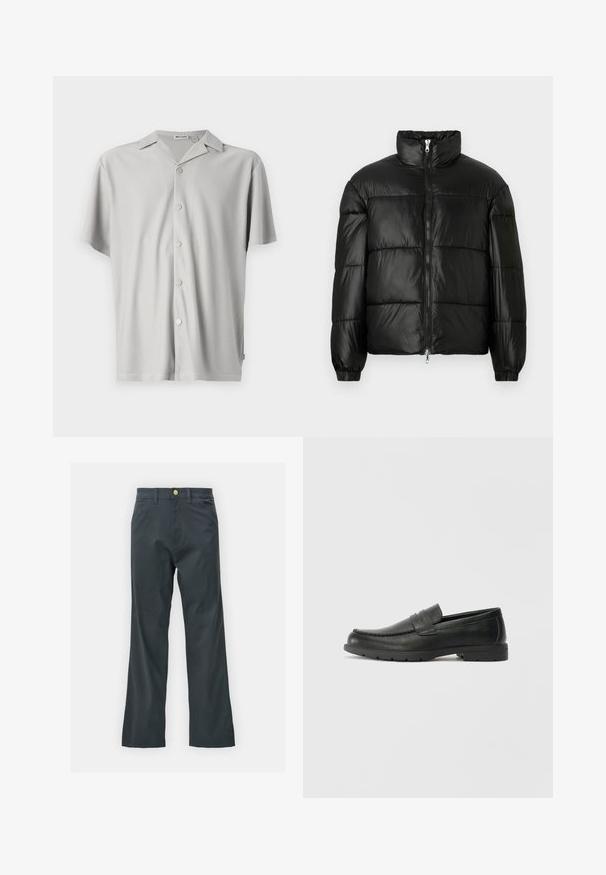 Casaco puffer preto com gola alta, fecho frontal em zíper, design acolchoado, punhos elásticos e acabamento de tecido brilhante e suave.; Camisa de botão de manga curta, em cinza claro, feita de tecido canelado, apresentando um corte descontraído, colarinho e cinco botões metálicos na frente.; Calças pretas com corte reto, feitas de um tecido em mistura de algodão. Apresenta um fecho com botão metálico e bolsos laterais. Sem padrões visíveis.; Sapatos mocassins de couro preto com acabamentos lisos, parte superior em estilo mocassins, detalhes em costura e sola de borracha. Design clássico com um salto baixo.