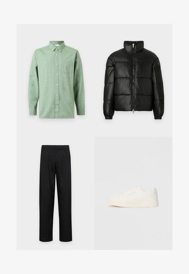 Svart puffjacka med hög krage, dragkedja fram, kviltat mönster, elastiska ärmslut och en blänkande, slät ytfinish.; Långärmad ljusgrön skjorta med knappar och bröstficka, knappad krage och beige knappar på enkel bakgrund.; Svarta byxor i slät väv, med rak ben-design, två framfickor och standardmidja med bälteshällor.; Vita slip-on sneakers med en texturerad yta, en tjock sula och minimalistisk design. Har varumärkeslogotypen på sidan.