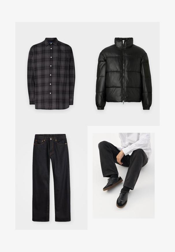 Svart pufferjakke med høy krage, glidelås foran, quiltet design, elastiske mansjetter og blank, glatt stofffinish.; Knappe skjorte i svart og grå rutet mønster, lange ermer, krage, enkelt brystlomme og hvite knapper. Laget av lett stoff.; Men's straight-leg svarte denim jeans med fem lommer og oransje søm, knapp og glidelås lukking foran på midjen.; Svarte joggesko med en glatt og teksturert overflate, med gummisåle og mørke snører. Kombinert med svarte jeans og en hvit stripet skjorte.