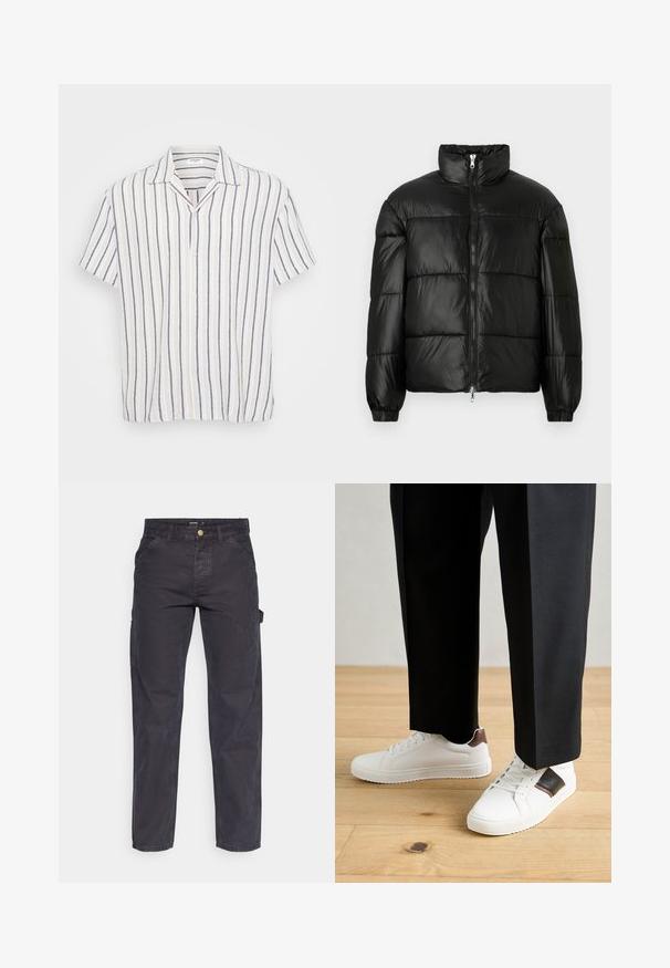 Black puffer jacket with a high collar, zip front closure, quilted design, elastic cuffs, and shiny, smooth fabric finish.; Short-sleeve button-up shirt featuring vertical stripes in white, navy, and light beige. Made of lightweight fabric with a spread collar.; Dark gray cargo pants made of durable fabric, featuring a straight-leg cut, five pockets, and a button closure at the waist.; White sneakers with smooth texture, featuring brown leather accents and black detailing, paired with black tailored pants. Wooden floor background.