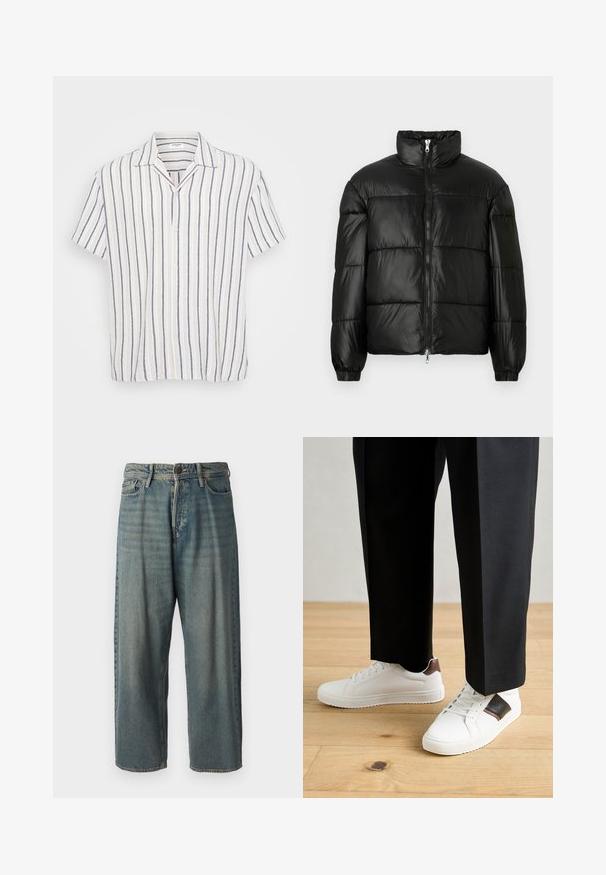 Black puffer jacket with a high collar, zip front closure, quilted design, elastic cuffs, and shiny, smooth fabric finish.; Short-sleeve button-up shirt featuring vertical stripes in white, navy, and light beige. Made of lightweight fabric with a spread collar.; Light blue denim jeans with a loose fit, mid-rise waist, and straight legs. Features five pockets, belt loops, and a button closure.; White sneakers with smooth texture, featuring brown leather accents and black detailing, paired with black tailored pants. Wooden floor background.