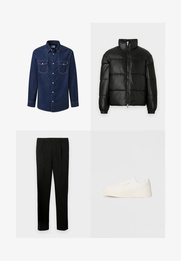 Melna pūkainā jaka ar augstu apkakli, rāvējslēdzēja priekšējo aizdari, quilted dizainu, elastīgām piedurknēm un spīdīgu, gludu auduma apdari.; Tumši zils džinsu krekls ar garām piedurknēm, ar noraidītu apkakli, divām krūšu kabatām un baltām spiedpogām, iekļaujot kontrastējošu šūšanu.; Melnas pielāgotas bikses ar gludu priekšu, diviem krokām, aizdari ar pogu, sānu kabatām un taisna griezuma kājām. Izgatavotas no gludas auduma.; Baltas slip-on sporta apavi ar teksturētu virsmu, biezu zoli un minimālistisku dizainu. Sānos redzams zīmola logotips.