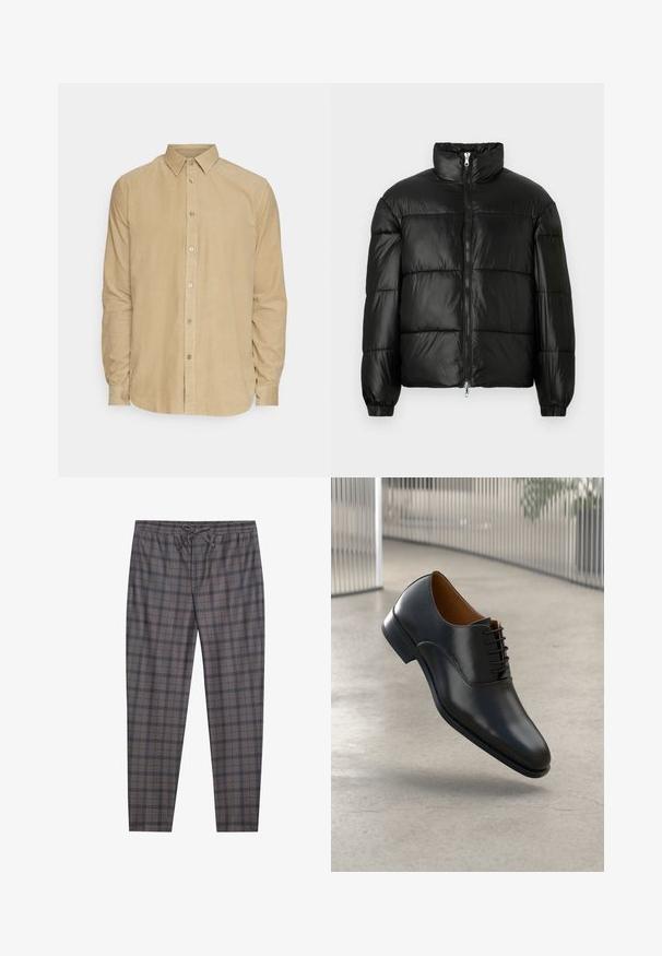 Doudoune noire avec un col montant, fermeture éclair sur le devant, design matelassé, poignets élastiques et finition en tissu lisse et brillant.; Chemise en velours côtelé beige à manches longues avec col boutonné et boutons sur le devant, présentée sur fond blanc.; Pantalons à carreaux gris avec une taille élastique et un cordon de serrage. Le matériau semble doux, avec une texture subtile et des lignes noires contrastantes dans le motif.; Pier One Derbies & Richelieus - black