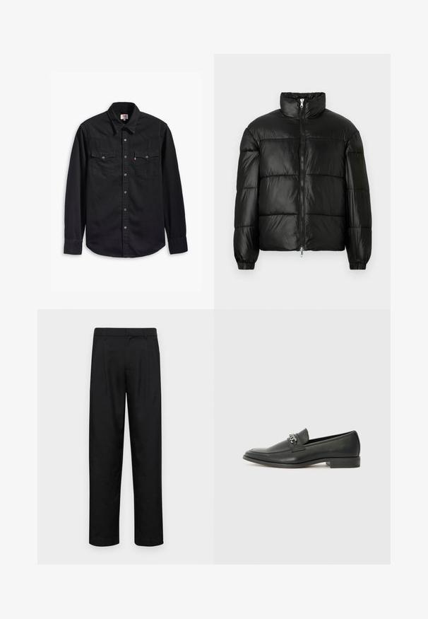 Mustat puffer-takki korkealla kauluksella, vetoketjukiinnitys edessä, tikattu malli, joustavat hihansuut ja kiiltävä, sileä kangasviimeistely.; Mustat farkkupaita pitkillä hihoilla, terävä kaulus ja kaksi rintataskua. Varustettu hopeisilla neppareilla ja karkealla kankaalla.; Mustat housut, jotka on valmistettu sileästä kankaasta, suoran lahkeen muotoilulla, kahdella etupleekillä ja tavanomaisella vyötäröllä, jossa on vyölenkit.; Musta nahkakengät, joissa on sileä pinta, koristeelliset ompeleet ja metalliketjun yksityiskohta kengän päällä. Littee korko.