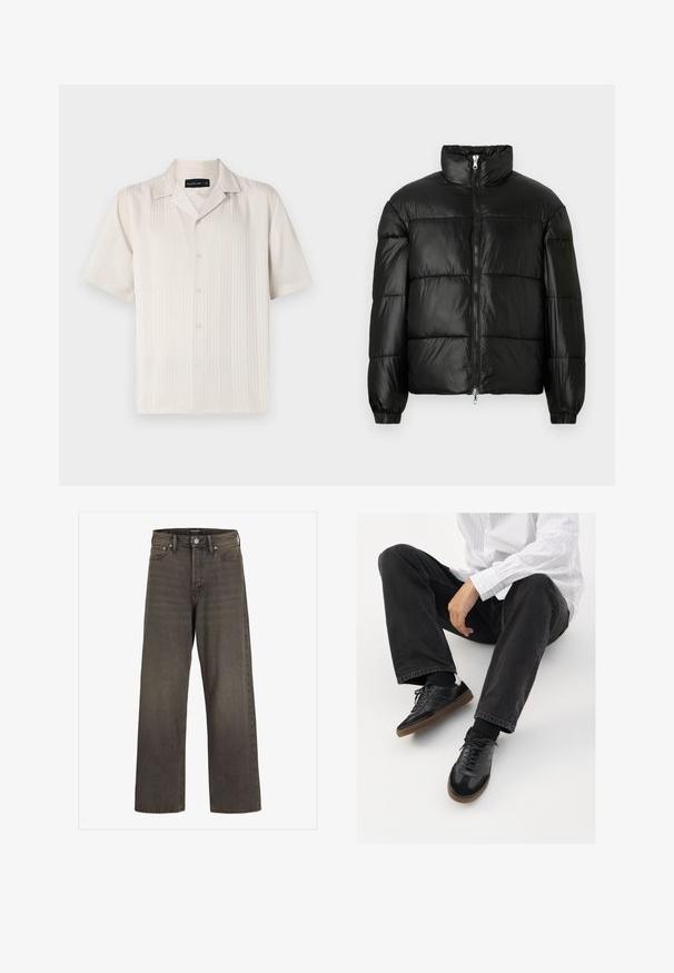 Juodas pūkinis švarkas su aukštu apykakle, užtrauktuko priekyje, siuvinėtu dizainu, elastingais rankogaliais ir blizgia, lygiąja audinio apdaila.; Trumpas rankovėmis smėlio spalvos marškinis su subtiliu vertikaliu raukšlėjimu, mygtukų užsegimu ir smailiu apkakle. Lengvas audinys.; Plati kojinės džinsai tamsiai pilkos spalvos džinsinio audinio, su aukštu liemeniu, klasikinio penkių kišenių dizainu ir kontrastinga siuvimo linija siūlėse.; Juodi sportbačiai su lygiu ir tekstūruotu paviršiumi, turi guminį padas ir tamsias raištelius. Suderinti su juodomis džinsais ir balta juostuota marškinėliais.