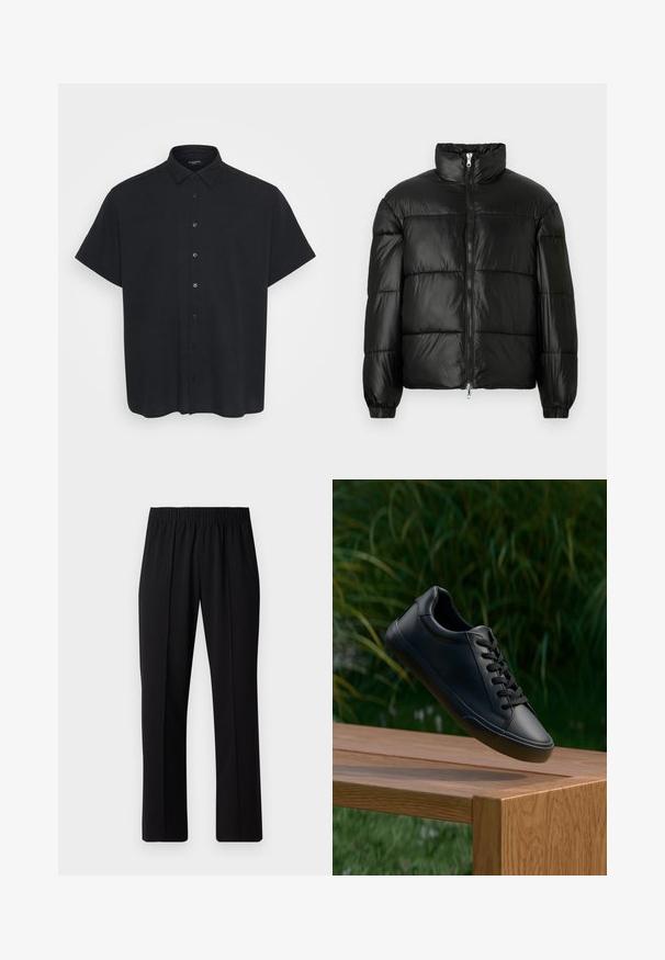 Fekete puffernadrág magas gallérral, cipzáras elülső záródással, steppelt kialakítással, elasztikus mandzsettákkal és fényes, sima szövetfelülettel.; Rövid ujjú fekete gombos ing, texturált anyagból készült, galléros nyakkal, elülső gombokkal és laza szabással.; Fekete, gumíros derekú nadrág egyenes szabással, sima felülettel, látható minták vagy fémrészek nélkül.; Fekete bőr sneaker sima textúrával, kerek orral és lapos cipőfűzővel, egy fa felület felett helyezkedik el, a háttérben zöld fűvel.