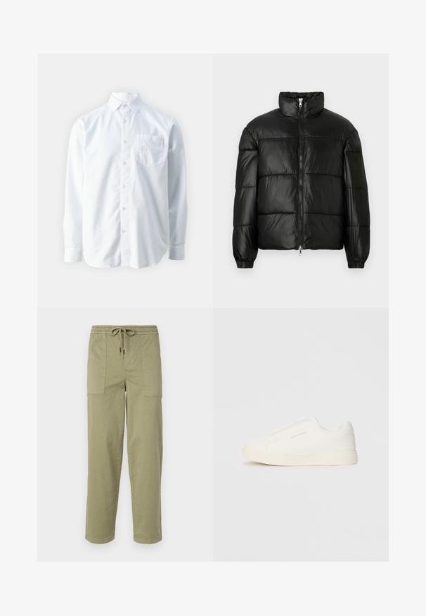 Casaco puffer preto com gola alta, fecho frontal em zíper, design acolchoado, punhos elásticos e acabamento de tecido brilhante e suave.; Guess COLLIN - Camisa - pure white; Calças verde-oliva claras feitas de um tecido de algodão misto, com um cós elástico com cordão e dois bolsos laterais grandes.; Sapatilhas brancas de atacar com uma superfície texturizada, sola grossa e design minimalista. Possui o logo da marca na lateral.