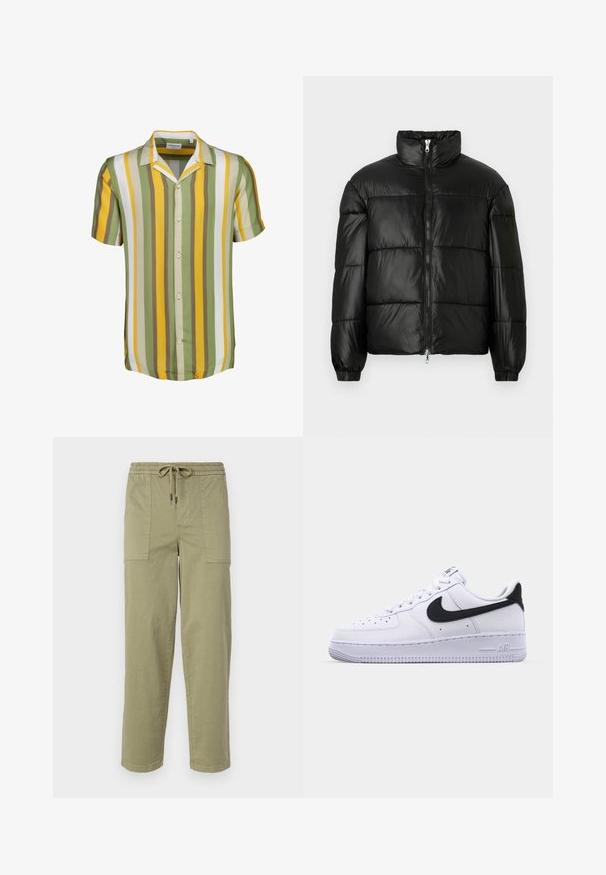 Sort puffet jakke med høj krave, lynlås foran, quiltet design, elastiske manchetter og skinnende, glat stoffinish.; Knap-up kortærmet skjorte med grønne, gule og hvide lodrette striber, med en camp krave og rundet søm. Glat stoftekstur.; Lys olivengrønne bukser lavet af en bomuldsblanding, med elastisk talje med snor og to store sidelommer.; Hvide lædersneakers med en struktureret sort Swoosh, flade snørebånd og en gummisål med et rillemønster. "AIR" er præget på hælen.