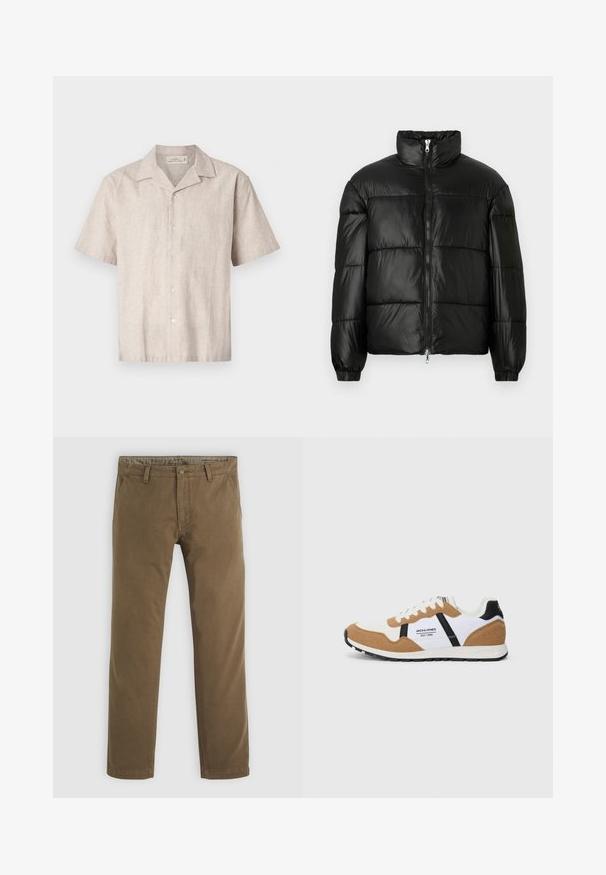 Doudoune noire avec un col montant, fermeture éclair sur le devant, design matelassé, poignets élastiques et finition en tissu lisse et brillant.; Chemise à manches courtes boutonnée en lin beige clair. Présente un col noté et six boutons sur le devant, avec une apparence texturée et légèrement tissée.; Pantalons en coton kaki avec une coupe droite, dotés d'une fermeture à bouton, de deux poches avant et d'une texture lisse.; Baskets au style rétro avec du suède blanc et beige, des accents noirs, des lacets blancs et le logo "Jack & Jones EST. 1990" sur le côté.