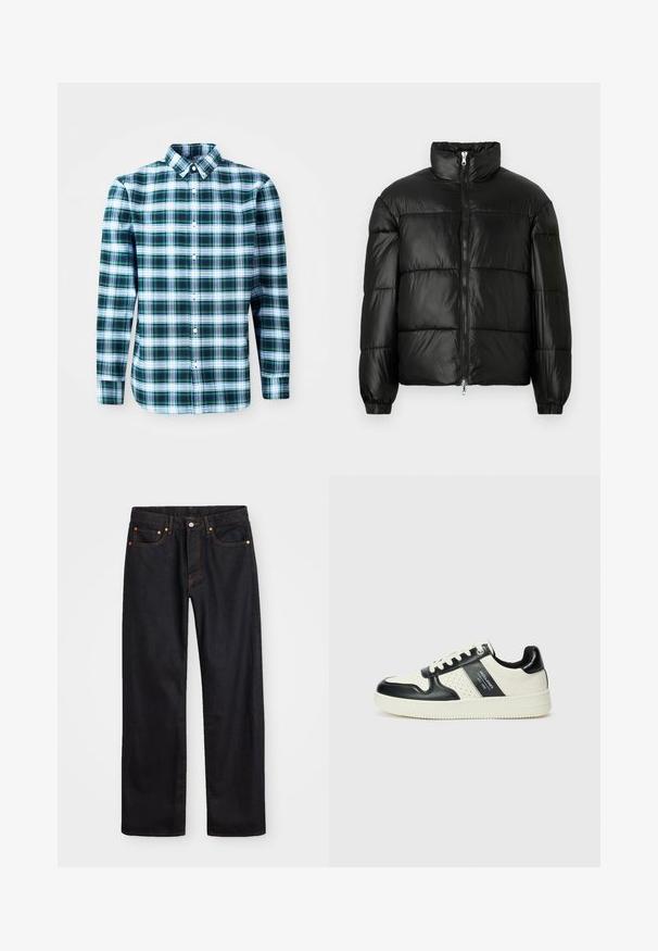 Fekete puffernadrág magas gallérral, cipzáras elülső záródással, steppelt kialakítással, elasztikus mandzsettákkal és fényes, sima szövetfelülettel.; Zöld és fehér kockás, hosszúujjú ing, gombos gallérral és elől gombokkal. Könnyű anyagból készült, strukturált megjelenéssel.; Férfi egyenes szabású fekete farmernadrág öt zsebbel és narancssárga varrással, gombos és cipzáros záródással elöl.; Fekete és krém színű bőrsneaker, perforált díszítésekkel, párnázott bokapánttal és texturált talppal.