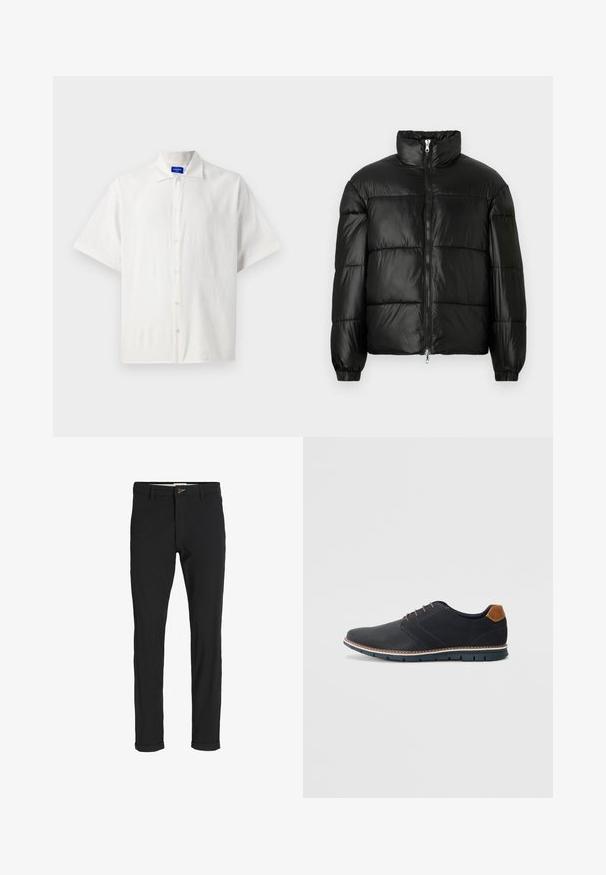 Mustat puffer-takki korkealla kauluksella, vetoketjukiinnitys edessä, tikattu malli, joustavat hihansuut ja kiiltävä, sileä kangasviimeistely.; Lyhythihainen, valkoinen nappipaita, kevyt materiaali, jossa on klassinen kaulus ja hieno rakenne. Napit on sijoitettu tasaisesti.; Mustat puuvillasekoitehousut, joissa on slim fit -leikkaus, napitus, taskut ja käärityt lahkeet rentoa ilmettä varten.; Mustat synteettiset kengät, joissa on teksturoitu päällinen, sileät yksityiskohdat, ruskea kanta ja erottuva pohja. Ominaisuuksina minimaalinen nauhoitus ja ompeluyksityiskohdat.