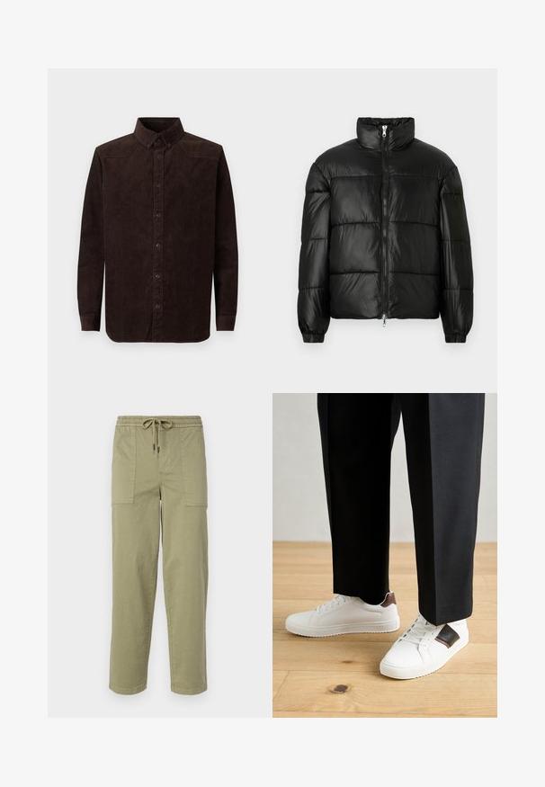 Melna pūkainā jaka ar augstu apkakli, rāvējslēdzēja priekšējo aizdari, quilted dizainu, elastīgām piedurknēm un spīdīgu, gludu auduma apdari.; Brūnas korduroja krekls ar garām piedurknēm, pogājamu apkakli, vertikālu ribotu tekstūru un priekšējo pogu aizdari.; Gaišolīci zaļas bikses no kokvilnas maisījuma auduma, ar elastīgu jostu un saiti, kā arī divām lielām sānu kabatām.; Baltā pārsoļa apavi ar gludu tekstūru, papildināti ar brūniem ādas akcentiem un melniem elementiem, savienoti ar melnām pielāgotām biksēm. Koka grīdas fons.