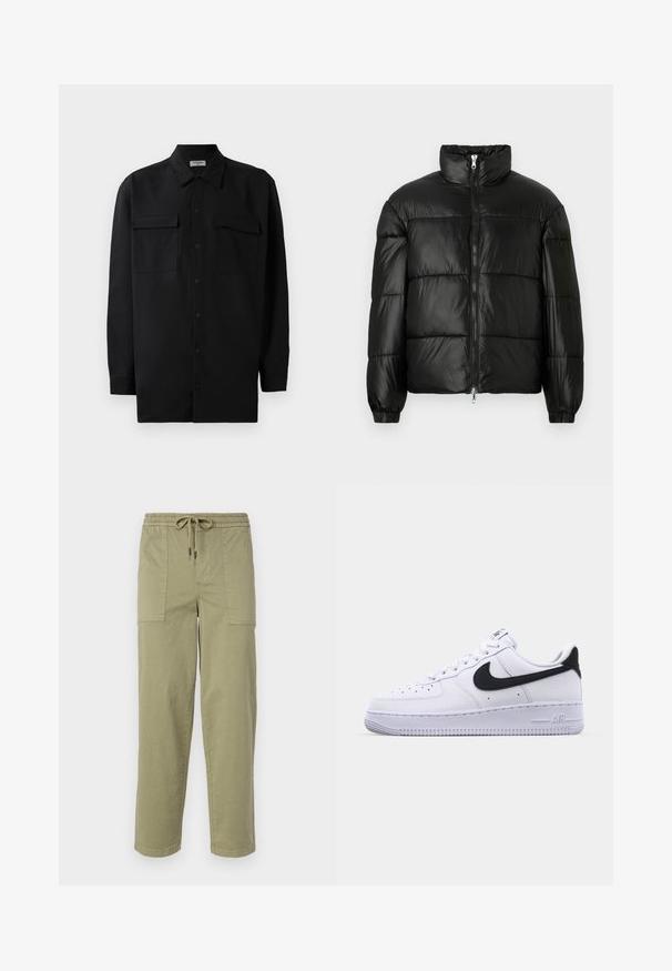 Mustat puffer-takki korkealla kauluksella, vetoketjukiinnitys edessä, tikattu malli, joustavat hihansuut ja kiiltävä, sileä kangasviimeistely.; Musta napillinen paita, joka on valmistettu sileästä kankaasta. Paita sisältää klassisen kaulan, kaksi etutaskua ja pitkät hihat, joissa on nappivarat.; Vaaleanoliivinvihreät housut, jotka on valmistettu puuvillasekoitteesta. Housuissa on joustava vyötärö, joka sisältää nyörin, sekä kaksi suurta sivutaskua.; Valkoinen nahkakenkä, jossa on teksturoitu musta Swoosh, litteät nauhat ja kumipohja, jossa on uritettu malli. "AIR" on painettu kantapään kohdalle.