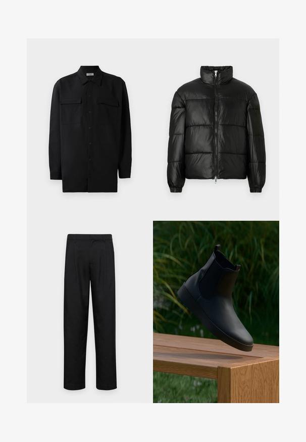 Svart pufferjakke med høy krage, glidelås foran, quiltet design, elastiske mansjetter og blank, glatt stofffinish.; Svart skjorte med knapper laget av glatt stoff, med klassisk krage, to frontlommer og lange ermer med knappe mansjetter.; Sorte bukser laget av glatt stoff, med rette ben, to frontfoldninger og standard liv med beltehemper.; Svart lær ankelstøvel med elastiske sidepaneler, glatt tekstur, avrundet tå og flat såle, plassert over et trebord mot frodig vegetasjon.