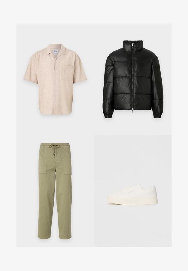 Casaco puffer preto com gola alta, fecho frontal em zíper, design acolchoado, punhos elásticos e acabamento de tecido brilhante e suave.; Camisa de manga curta abotoada em mistura de linho bege, apresentando um bolso no peito, uma textura subtil e um design de colarinho clássico.; Calças verde-oliva claras feitas de um tecido de algodão misto, com um cós elástico com cordão e dois bolsos laterais grandes.; Sapatilhas brancas de atacar com uma superfície texturizada, sola grossa e design minimalista. Possui o logo da marca na lateral.