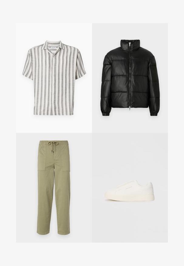 Zwarte pufferjack met een hoge kraag, ritsvoorzijde, gestikt ontwerp, elastische manchetten en een glanzende, gladde stofafwerking.; Korte mouwen button-up shirt in crème met verticale zwarte strepen. Voorzien van een kraag en vijf knopen aan de voorkant. Gelaagd stof.; Licht olijfgroene broek van een katoenmix, met een elastische tailleband met trekkoord en twee grote zijzakken.; Witte instap sneakers met een gestructureerd oppervlak, een dikke zool en een minimalistisch ontwerp. Bevat het merklogo aan de zijkant.