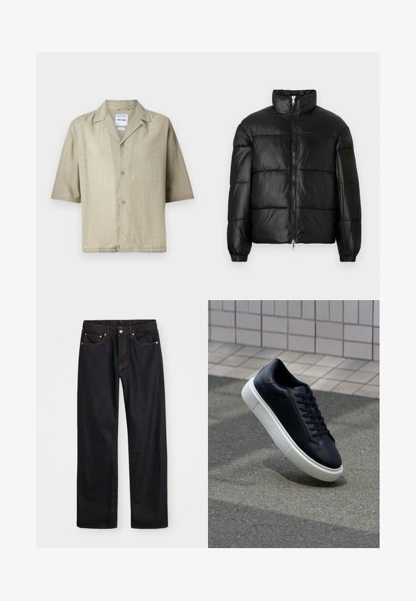 Zwarte pufferjack met een hoge kraag, ritsvoorzijde, gestikt ontwerp, elastische manchetten en een glanzende, gladde stofafwerking.; Korte mouwen, knoopsluiting shirt in licht khaki stof. Bevat een camp collar, rechte snit en vijf knopen aan de voorkant. Gestructureerde afwerking.; Heren straight-leg zwarte denim jeans met vijf zakken en oranje stiksels, knoop- en ritssluiting op de voorkant van de tailleband.; Zwarte leren sneaker met een ronde neus en een witte rubberen zool. Voorzien van platte veters en minimale stiksels op het bovenwerk. Textuurrijke zool voor grip.