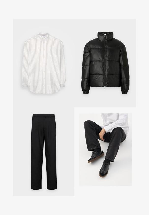 Juodas pūkinis švarkas su aukštu apykakle, užtrauktuko priekyje, siuvinėtu dizainu, elastingais rankogaliais ir blizgia, lygiąja audinio apdaila.; Balti marškiniai su baltais ir šviesiai smėliniais dryžiais, ilgomis rankovėmis, kišenė kairėje krūtinės pusėje, klasikinio tipo apykaklė, lengva medžiaga.; Juodi kelnių modeliai, pagaminti iš lygios medžiagos, turi tiesią kojas, du priekiniai klostės ir standartinę juosmenį su diržo kilpomis.; Juodi sportbačiai su lygiu ir tekstūruotu paviršiumi, turi guminį padas ir tamsias raištelius. Suderinti su juodomis džinsais ir balta juostuota marškinėliais.