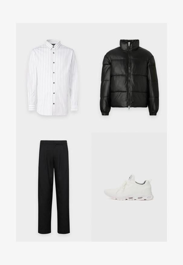 Melna pūkainā jaka ar augstu apkakli, rāvējslēdzēja priekšējo aizdari, quilted dizainu, elastīgām piedurknēm un spīdīgu, gludu auduma apdari.; Balta garām piedurknēm krekliņš ar šaurām vertikālām svītrām sarkana un zila krāsā, pogājams dizains, norādīta apkakle un melnas pogas.; Melnas bikses, izgatavotas no gludas auduma, ar taisnu kāju dizainu, divām priekšējām krokām un standarta jostu, kurai ir āķi.; Baltas sporta apavi ar teksturētu adītu augšdaļu, platiem auklām un mīkstinātu zoli ar redzamām gaisa kamerām papildu atbalstam.