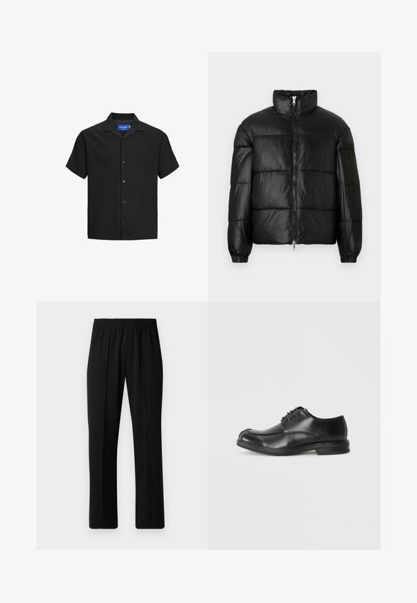 Sort puffet jakke med høj krave, lynlås foran, quiltet design, elastiske manchetter og skinnende, glat stoffinish.; Kortærmet sort skjorte med krave, lavet af tekstureret stof, med knaplukning foran og lige søm. Logo mærke indeni nakken.; Sorte bukser med elastisk talje og lige ben, der har en glat tekstur og ingen synlige mønstre eller hardware.; Sorte læder snøre-sko med rund tå, glat tekstur og lav hæl. Har syninger langs overdelen og siderne.