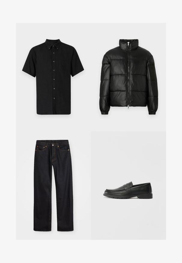 Casaco puffer preto com gola alta, fecho frontal em zíper, design acolchoado, punhos elásticos e acabamento de tecido brilhante e suave.; Camisa preta de mangas curtas com colarinho abotoados, feita de tecido texturizado, apresentando botões pretos descendo pela frente.; Calças de ganga pretas para homem, de pernas retas, com cinco bolsos e costura laranja, fecho de botão e zíper na cintura da frente.; Sapatos mocassins de couro preto com acabamentos lisos, parte superior em estilo mocassins, detalhes em costura e sola de borracha. Design clássico com um salto baixo.