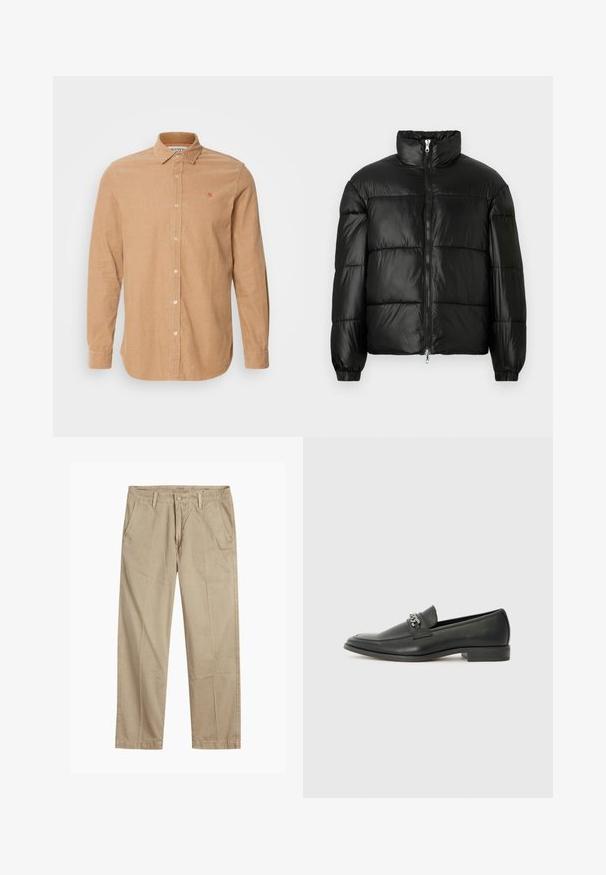 Fekete puffernadrág magas gallérral, cipzáras elülső záródással, steppelt kialakítással, elasztikus mandzsettákkal és fényes, sima szövetfelülettel.; Világosbarna kordbársony ing, gombos gallérral, hosszú ujjakkal, elülső gombos záródással és narancssárga hímzett logóval a mellrészen.; Beige egyenes szárú chino nadrág övhurkokkal, elülső gombos és cipzáras záródással, valamint ferde elülső zsebekkel.; Fekete bőr loaferek sima felülettel, varrott mintával és díszítő fém lánccal a cipő elején. Lapos sarok.