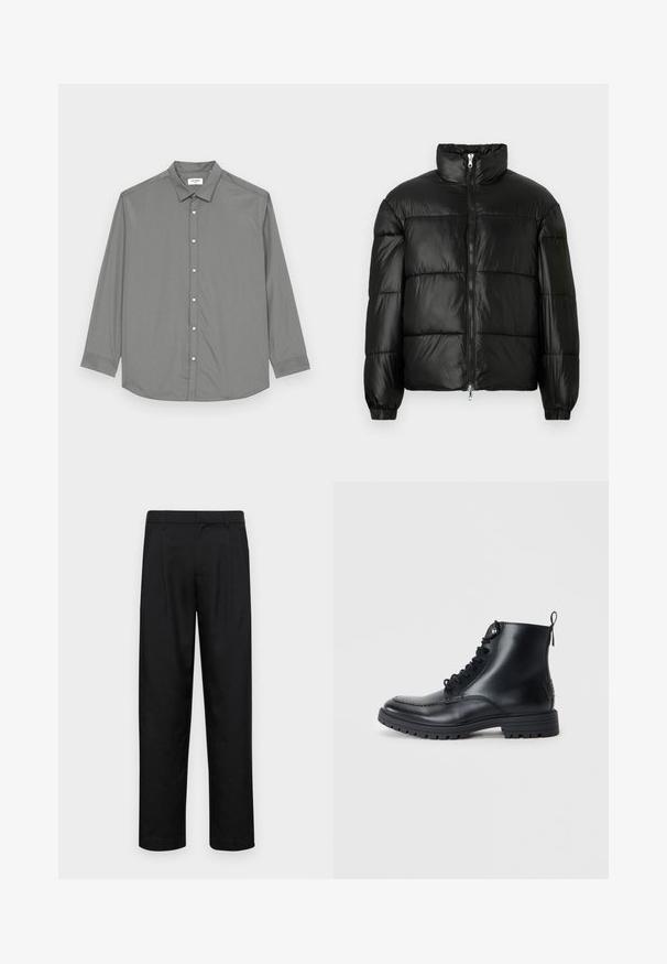 Must mustaga jakker, millel on kõrge krae, luku esikinnitus, tikanditud disain, elastsed mansetid ja läikiv, sile kangast viimistlus.; Jack & Jones JJJOE PLAIN NOOS - Pluus - castor gray; Mustad mustadest riietest, millel on sirge jalgade disain, kaks eesmist voltimist ja tavaline vöökoht, millel on vöökohad.; Mustad mustad nahast ankle boots ümmarguse toe, nööridega esiosa ja tikanditega. Tagaküljel on tõmblõng ja tekstureeritud kummitald.