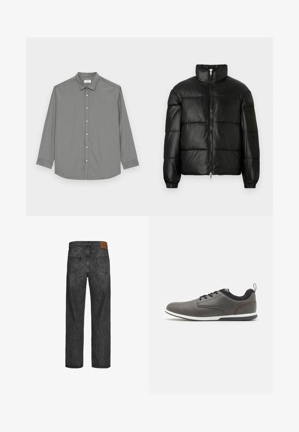 Černá péřová bunda s vysokým límcem, zapínáním na zip, prošívaným designem, elastickými manžetami a lesklým, hladkým povrchem.; Jack & Jones JJJOE PLAIN NOOS - Košile - castor gray; Černé džíny z denimu s rovnými nohavicemi, pět kapes, a hnědá kožená nášivka na pásku. Texturovaná látka s detaily šití.; Šedé kožené boty s černými akcenty, s kulatou špičkou, šněrovacím designem, bílou podrážkou a malým poutkem na patě.