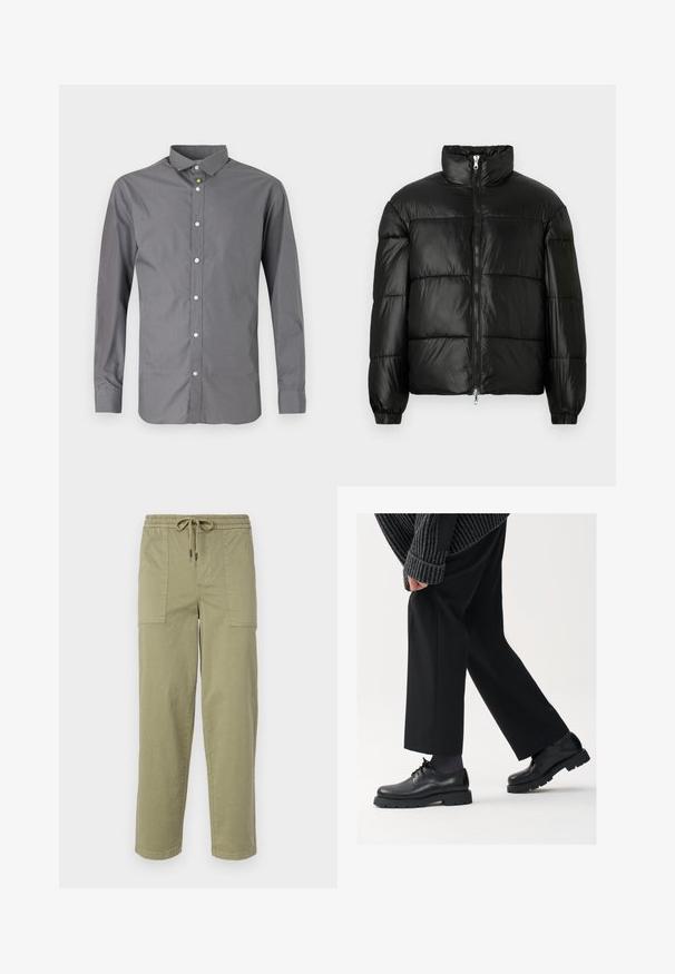 Giacca a vento nera con colletto alto, chiusura frontale con zip, design trapuntato, polsini elasticizzati e finitura in tessuto lucido e liscio.; Maglietta grigia a maniche lunghe in misto cotone, con colletto classico, chiusura a bottoni e bottoni bianchi lucidi lungo la pattina.; Pantaloni verde oliva chiaro realizzati in tessuto misto cotone, con una vita elasticizzata e cordoncino, e due ampie tasche laterali.; Scarpe in pelle nera con punta arrotondata, design con lacci e suola spessa e texture. Indossate con pantaloni neri su misura e un maglione a coste.